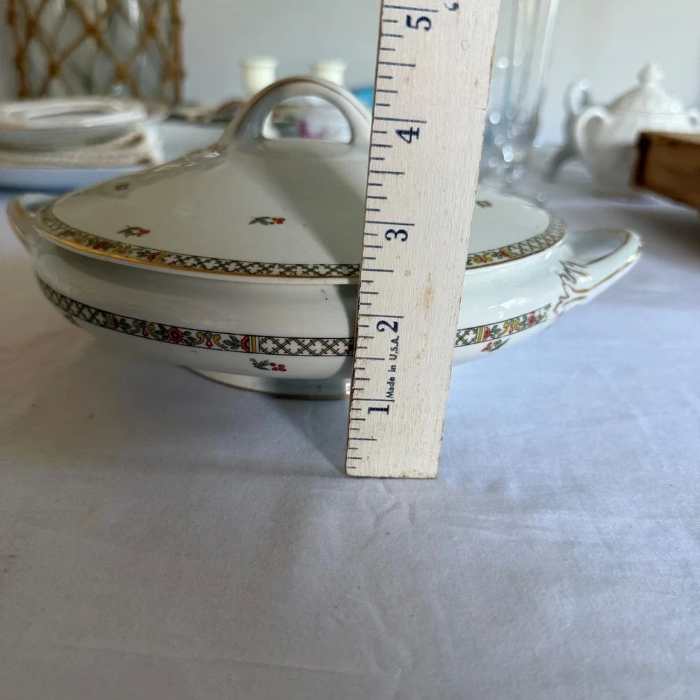 Antique Buffalo China 1920‎ Lidded Vegetable Tureen Floral Lattice Gold Gilt